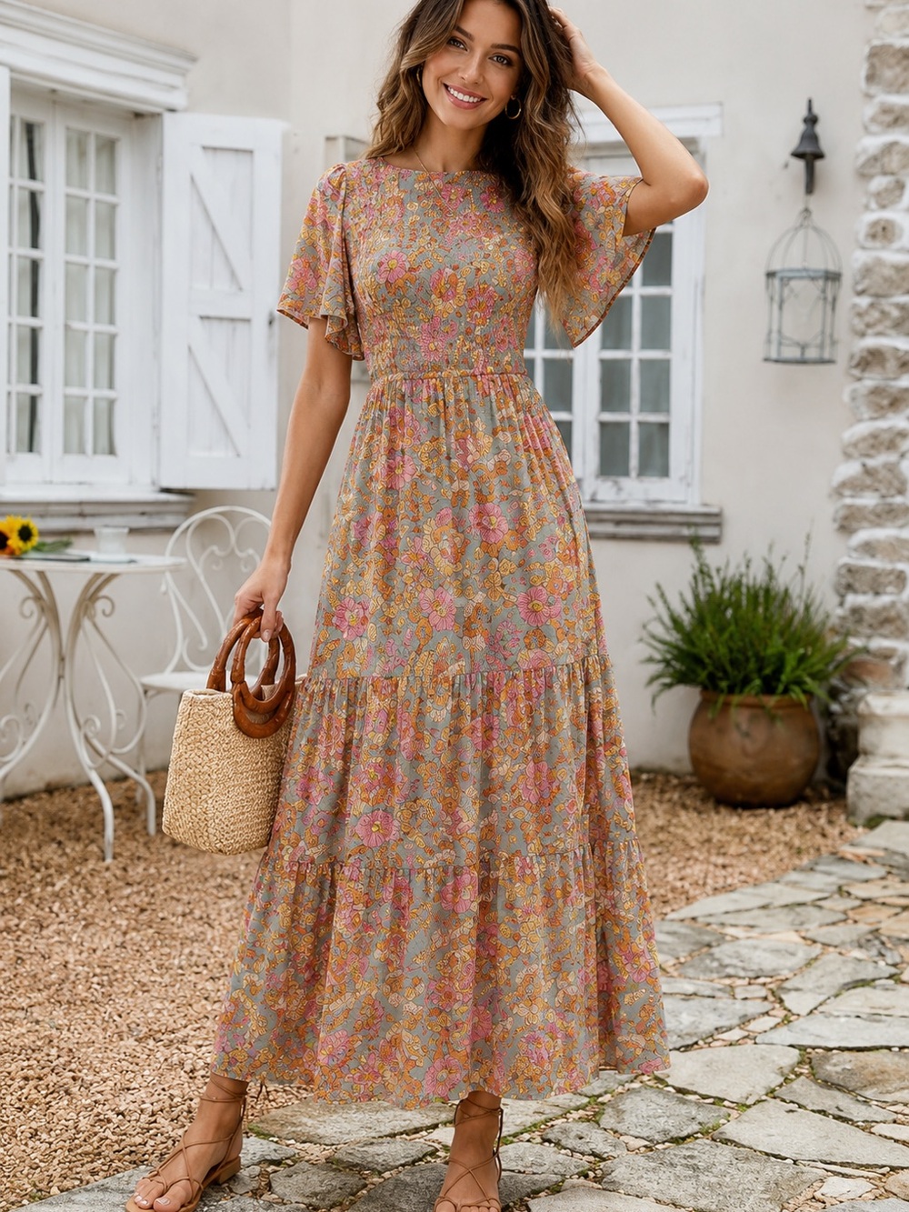 Smocked Waist Flutter Sleeve Floral Maxi Dress in Muted Pink and Tan